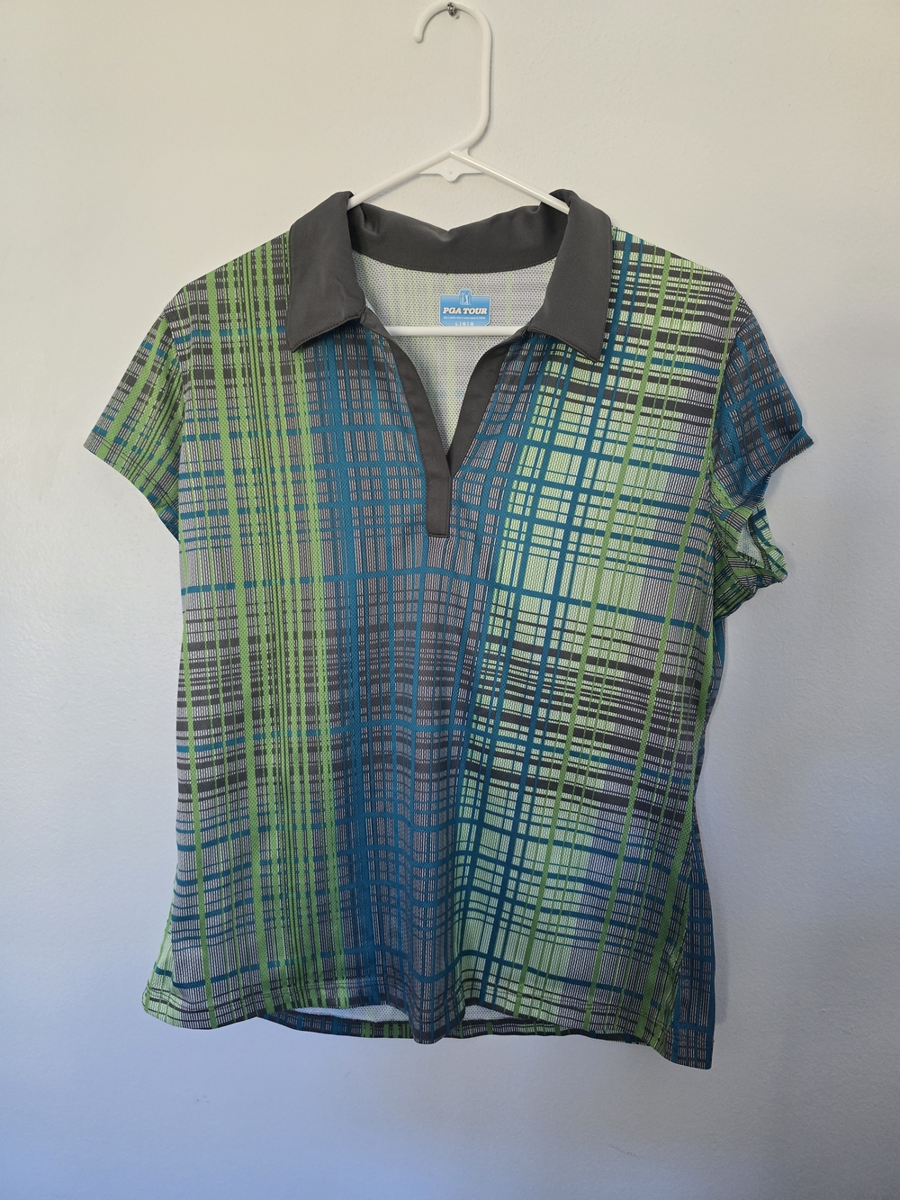 PGA Tour Green, Blue & Gray Plaid Short-Sleeve Golf Polo Large